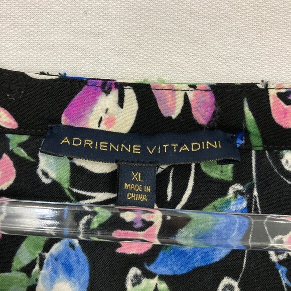 Adrienne Vittadini Black Multi Color Floral V Neck Lace Detail Popover Blouse XL - Picture 2 of 10